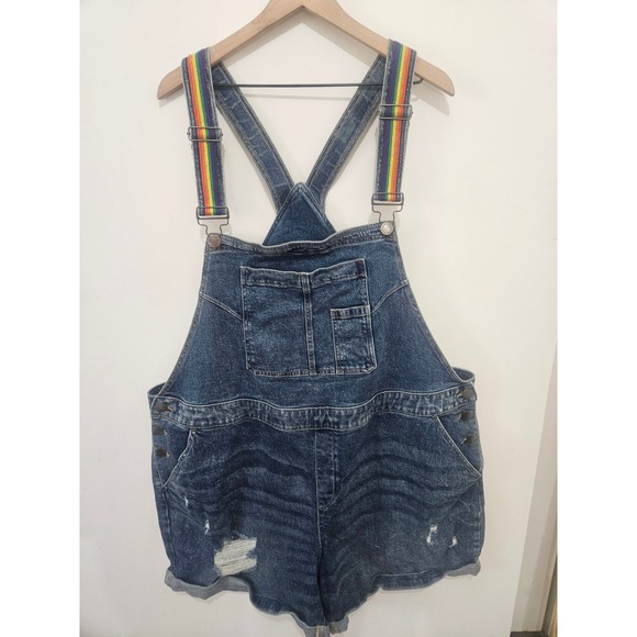 Lane Bryant Denim - Lane Bryant Rainbow Strap Denim Boyfriend Overalls Shorts Distressed Blu Size 28